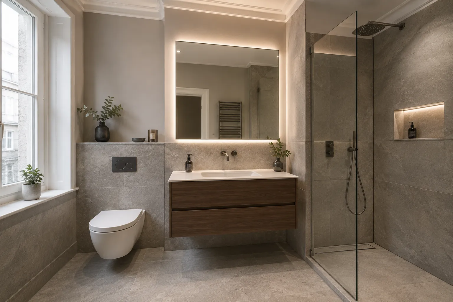 Neu gestaltetes Gäste-WC mit Dusche in einem Wohnhaus in Münster